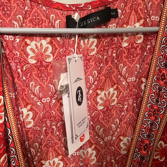 red bohemian floral print short butterfly sleeves adjustable tie waist - Picture 6 of 6